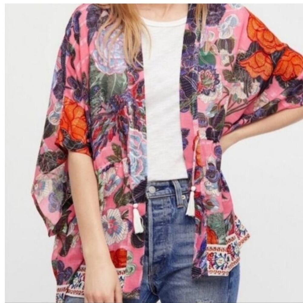 Free People Enchanted Blooms Pink Kimono Beach Cover Up OS